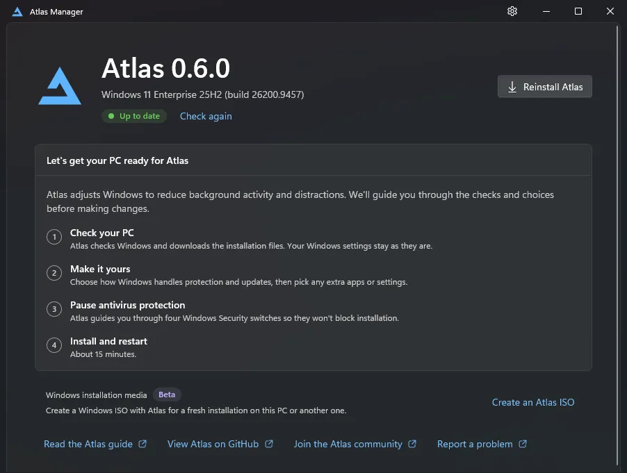 Atlas Manager home showing Atlas 0.6, guided installation steps, and the option to create an Atlas ISO.